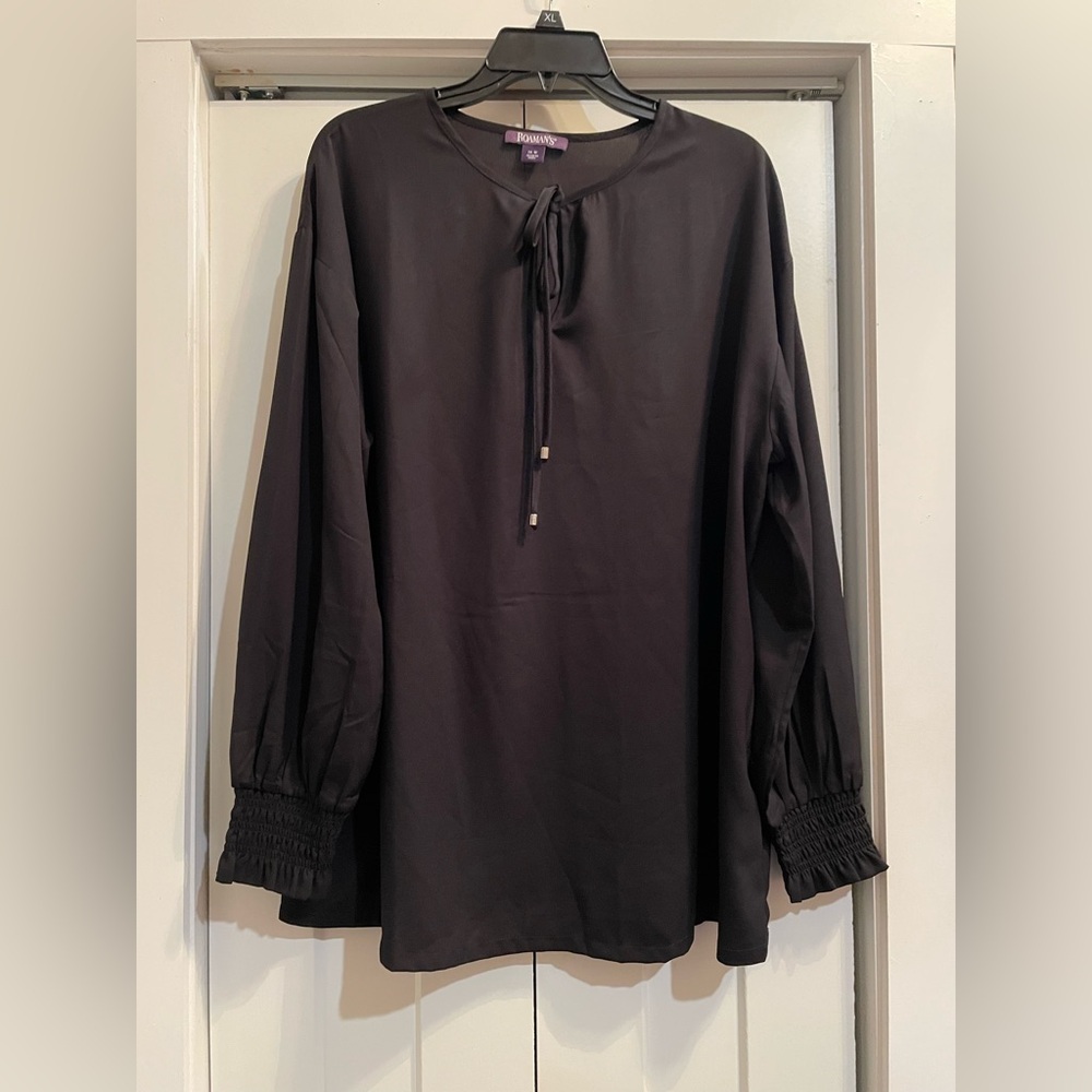 Roaman's Classic Black Blouse with Tie Neck